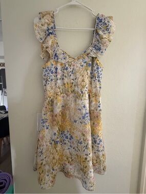 Floral Ruffle Sleeve Sundress in Cream, Yellow & Blue